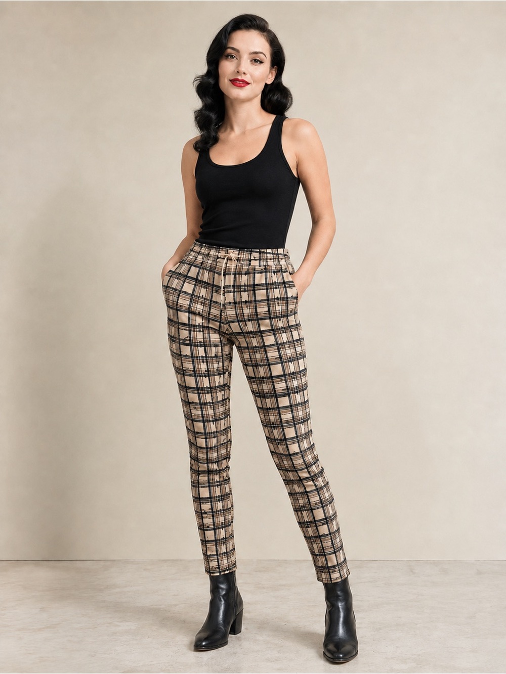 Urban Outfitters Plaid Tapered Pants Beige Black Size Medium